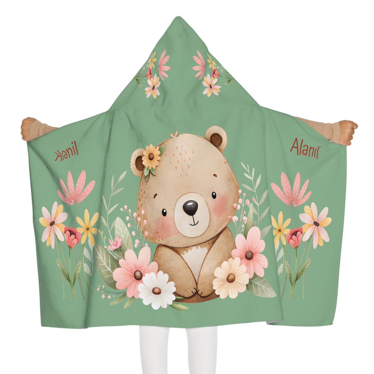 Personalized Kids Hooded Towel — Floral Bear Name Teepee Hood
