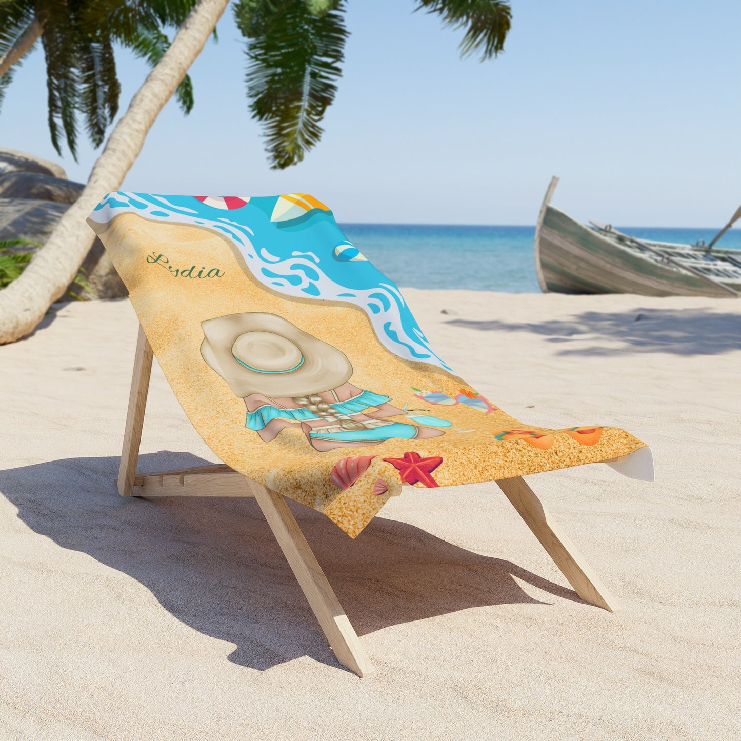 Personalized Beach Towel – Woman in Sun Hat Design (Custom Name)