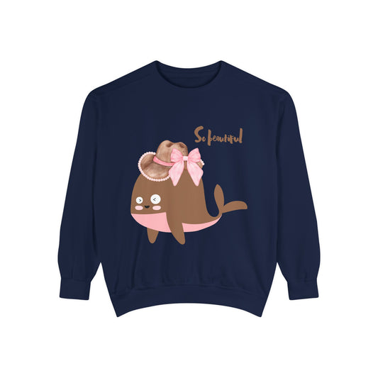 Whale wearing a cowboy hat with a pink bow Unisex Garment-Dyed Sweatshirt