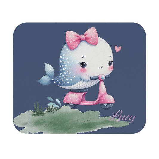 Cute Whale on Scooter Mouse Pad — Personalized 'Lucy' Navy Desk Mat for Kids & Gift