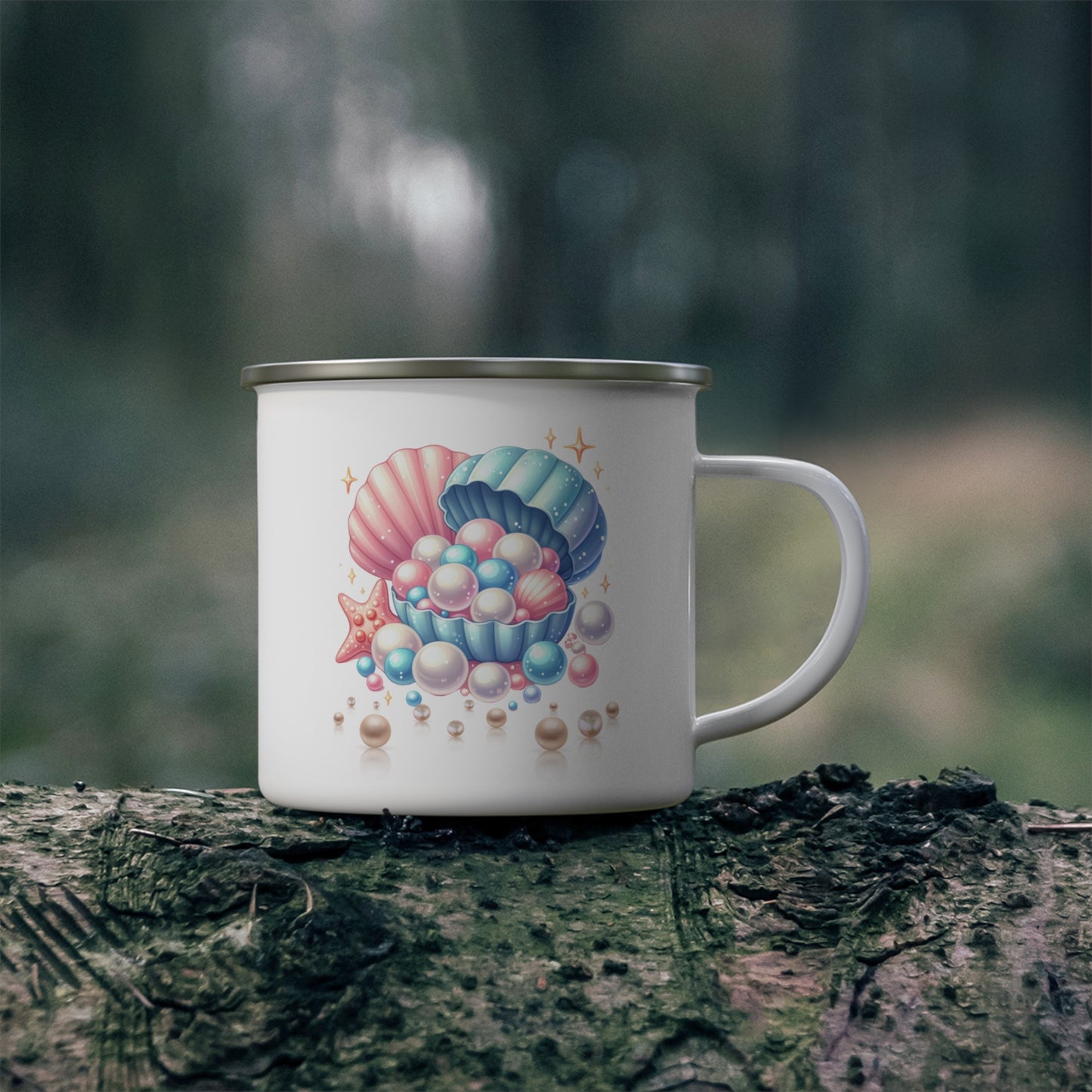Coastal Charm Enamel Camping Mug - Seashells & Pearls Design
