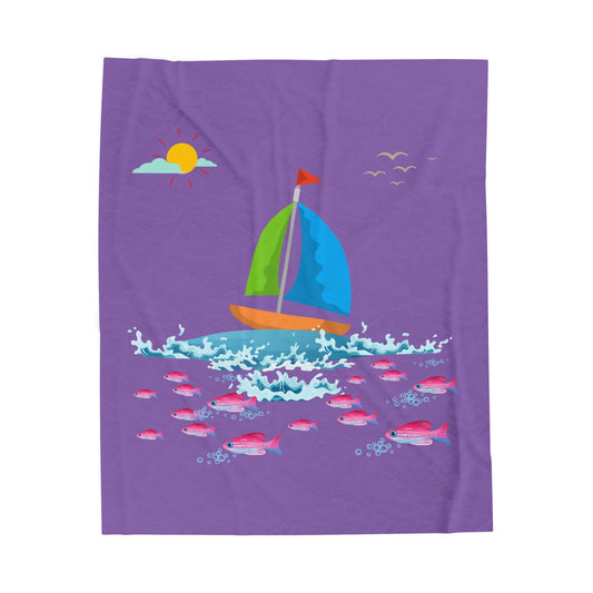 Sailboat and Red fish Velveteen Plush Blanket