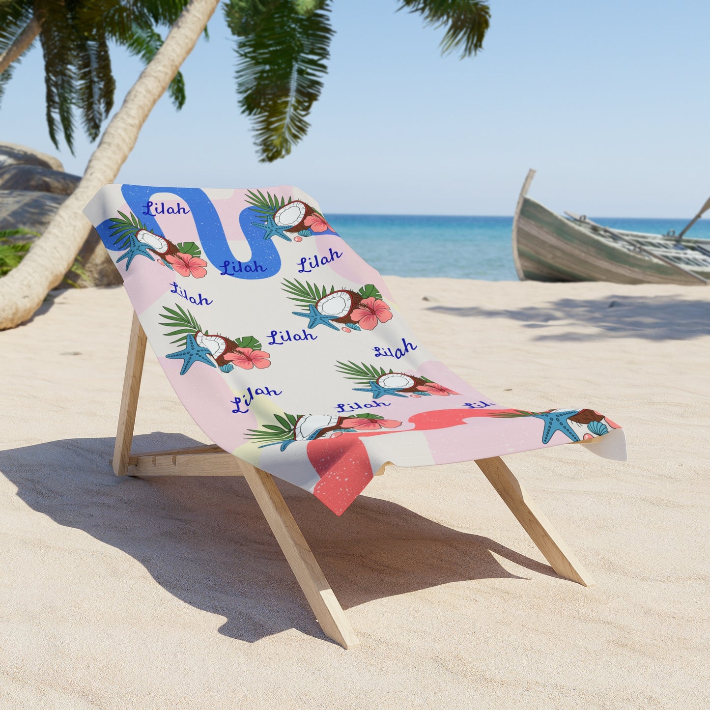 Tropical Coconut Beach Towel — Personalized “Lilah” Floral Surf Design