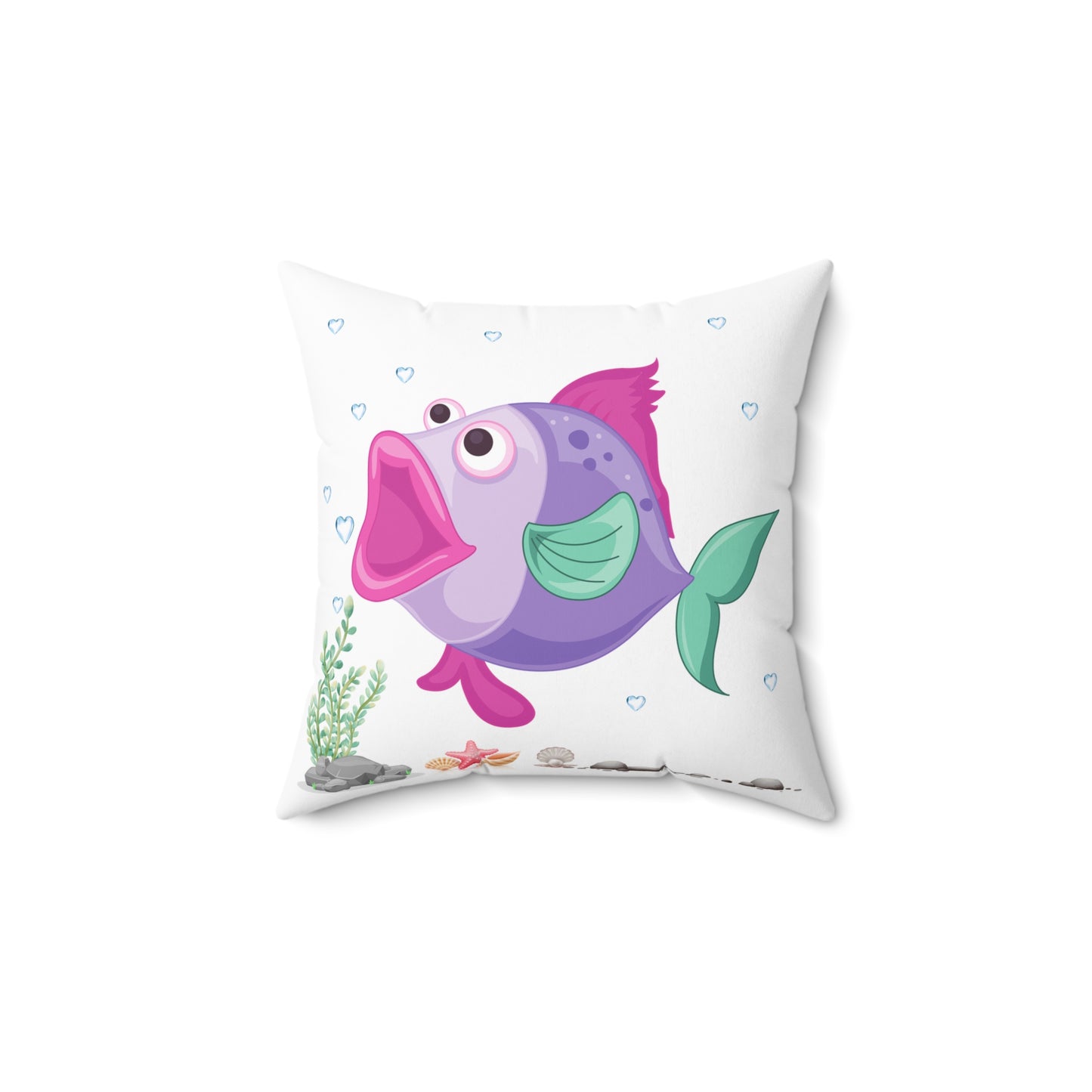 Fish with open mouth bubbles and underwater flora Spun Polyester Square Pillow