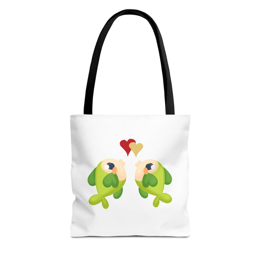 Two hearts float between the fish one red and one yellow. Tote Bag