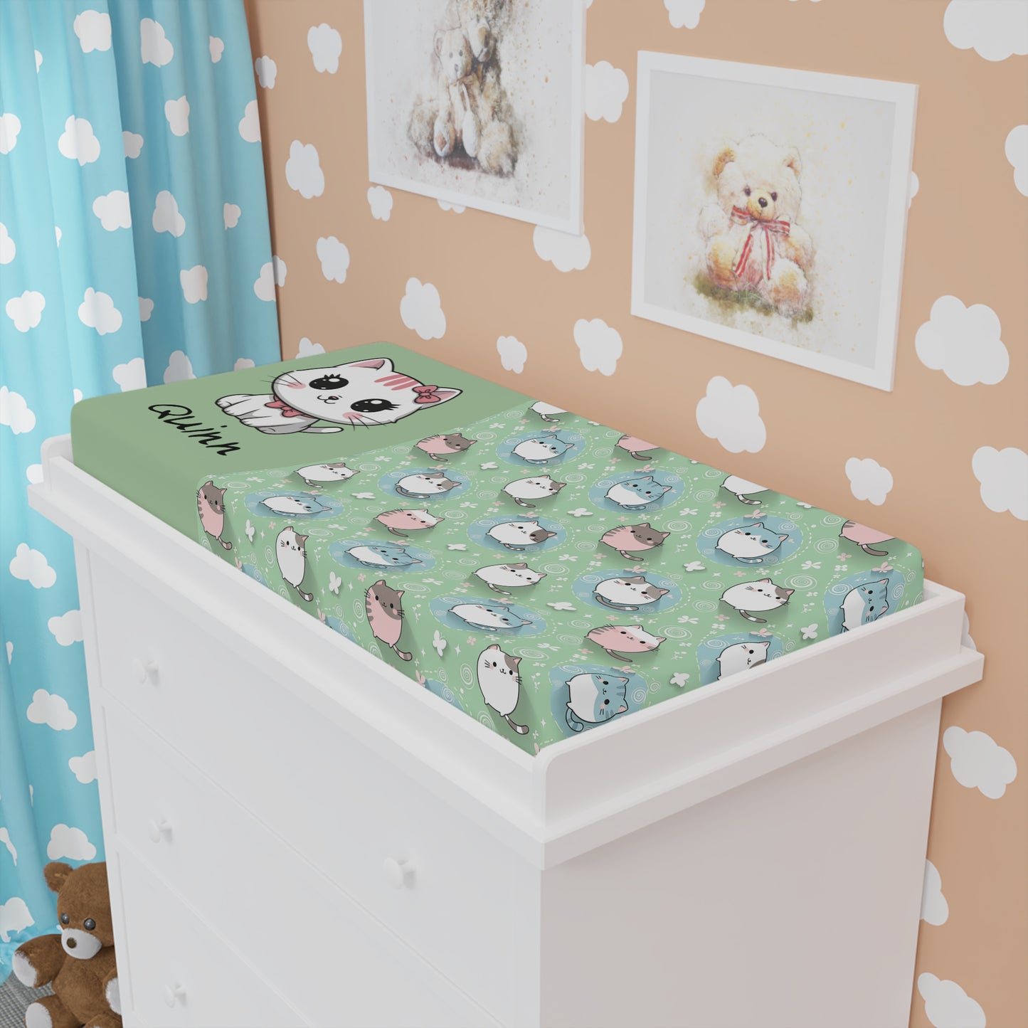 Baby Changing Pad Cover — Cute Pastel Cat Pattern with Custom Name