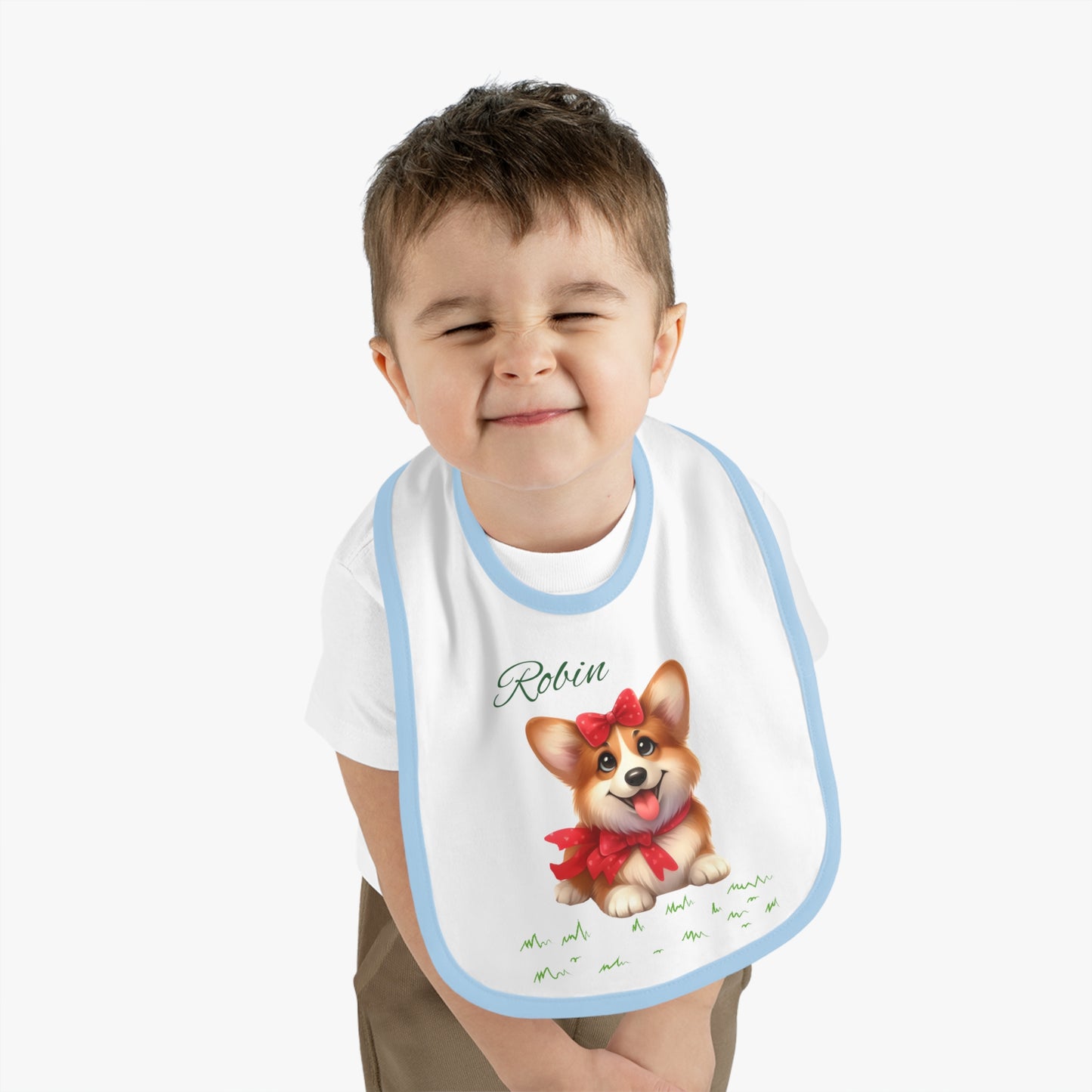 Personalized Corgi Baby Bib — Custom Name Contrast-Trim Jersey Bib