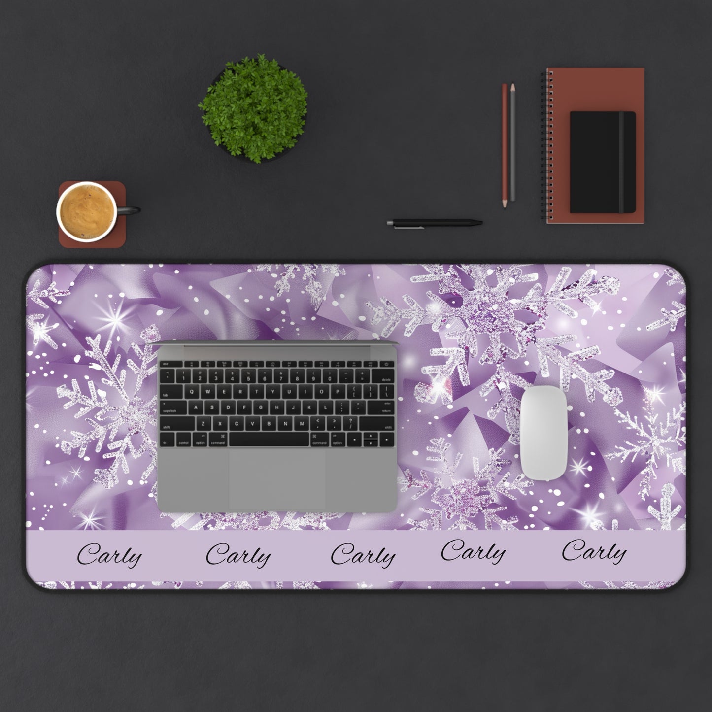Personalized Snowflake Desk Mat, Custom Mouse Pad, Winter Office Decor, Holiday Gift, Purple Snowflakes