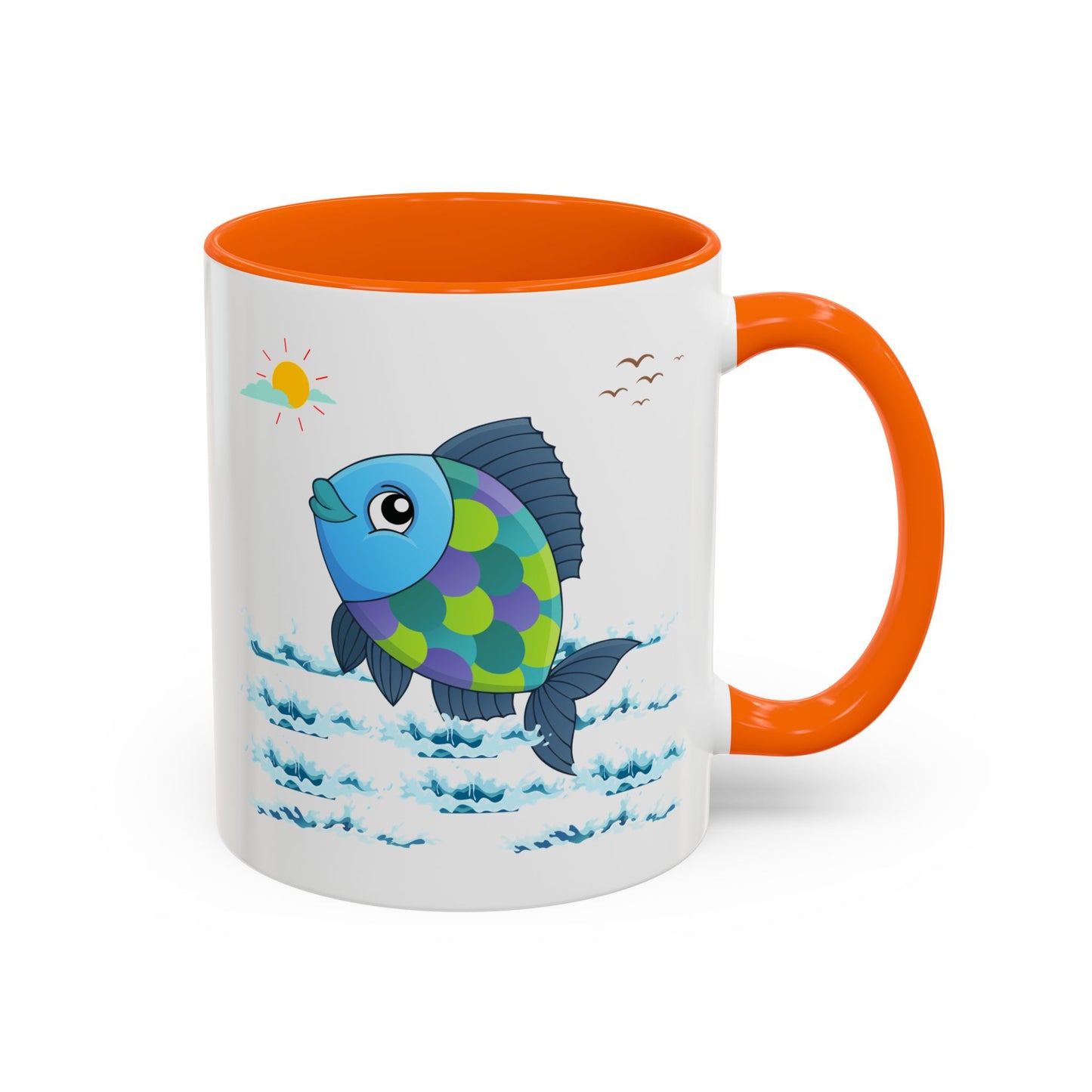 Fish with a sun and birds in the sky above water Coffee Mug