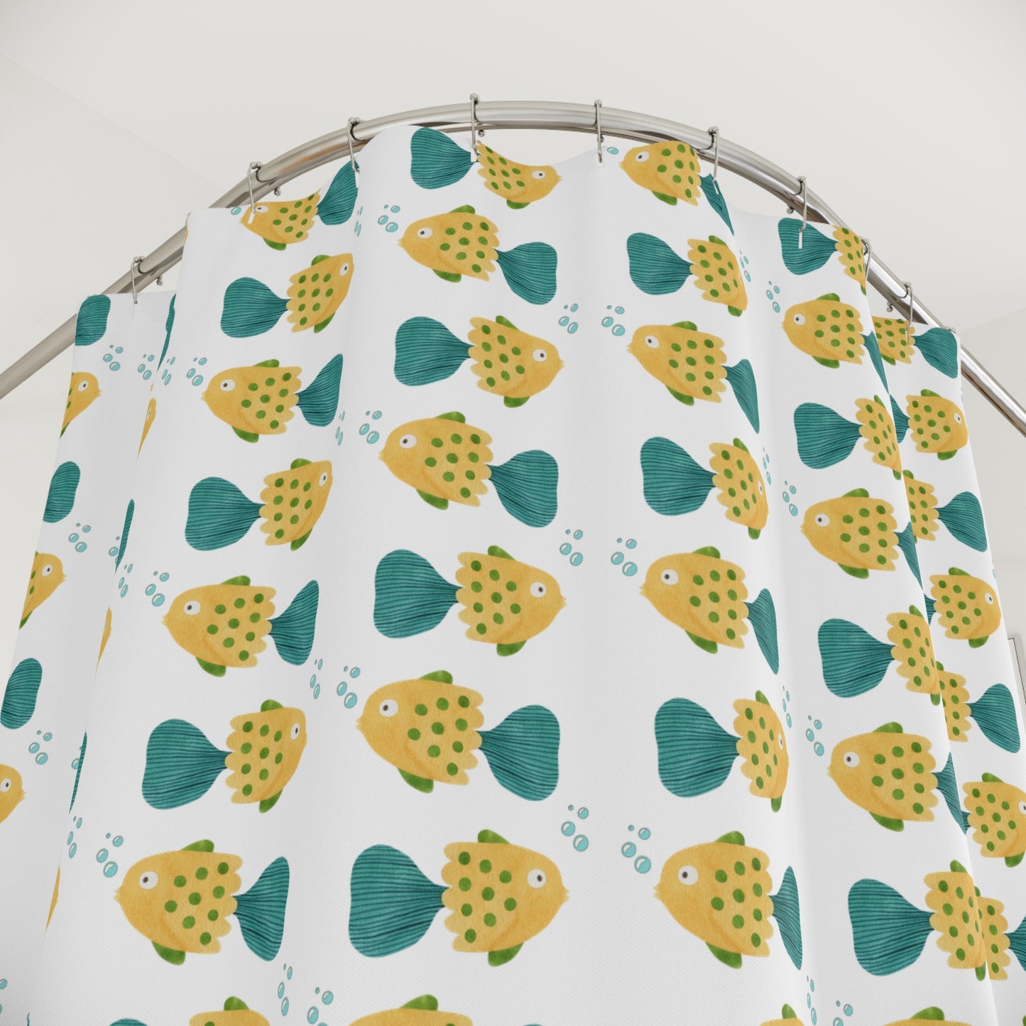 Shower Curtain — Playful Yellow & Teal Fish Pattern Bathroom Curtain