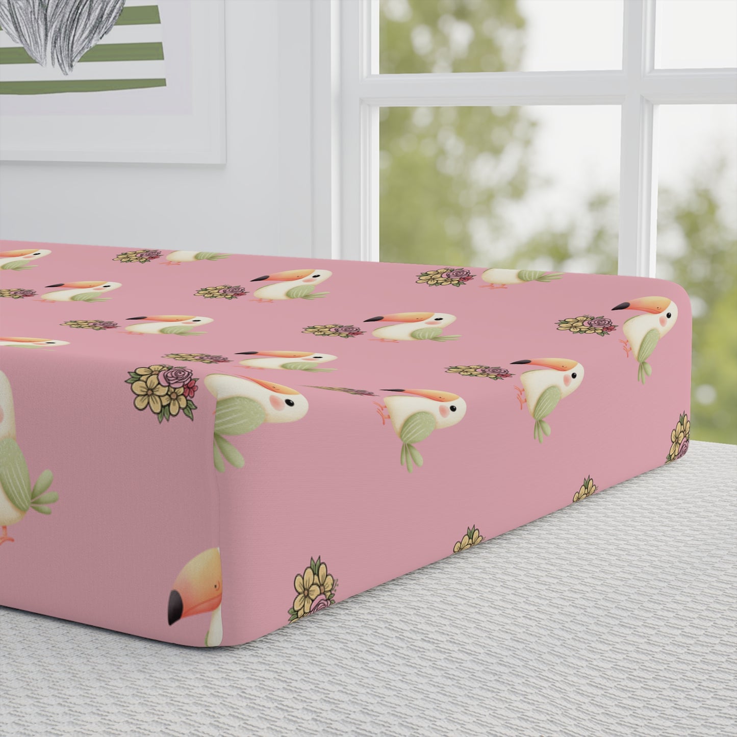Personalized Pink Toucan Baby Changing Pad Cover — Custom Name Nursery Accessory