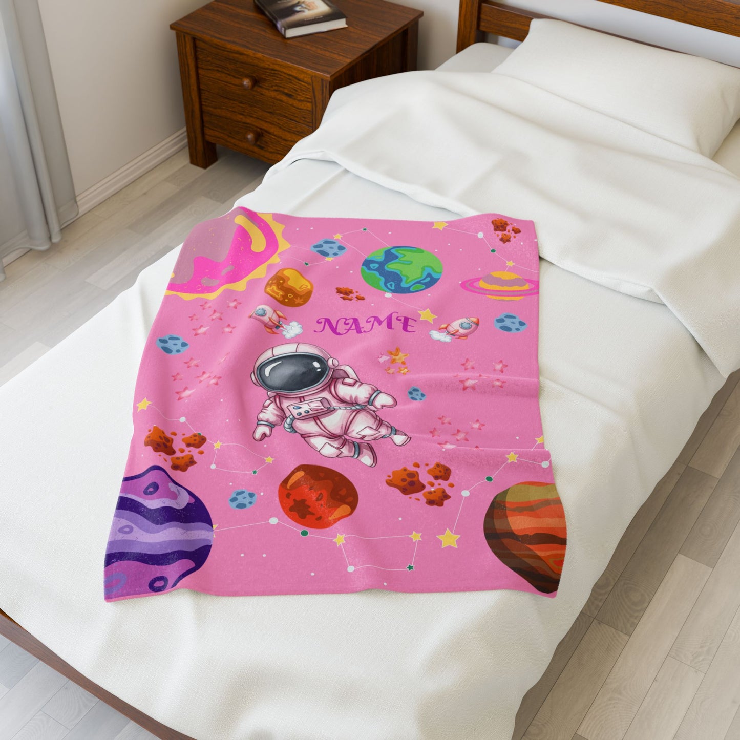 Cozy Astronaut Velveteen Blanket for Kids, Personalized Space Rocket Throw for Nursery, Gifts for Birthdays, Baby Showers, and Holidays