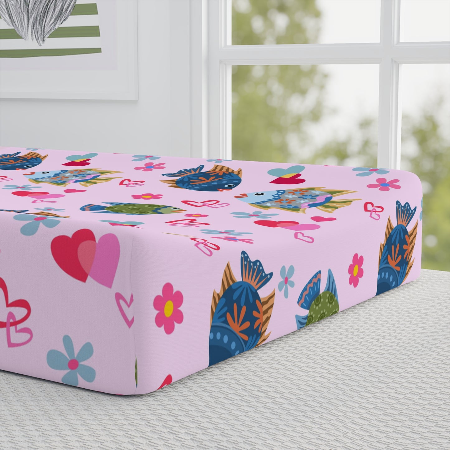 Fish Hearts Baby Changing Pad Cover — Personalized Pink Nursery Crib Sheet