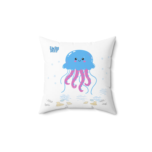 Blue jellyfish with pink tentacles Spun Polyester Square Pillow