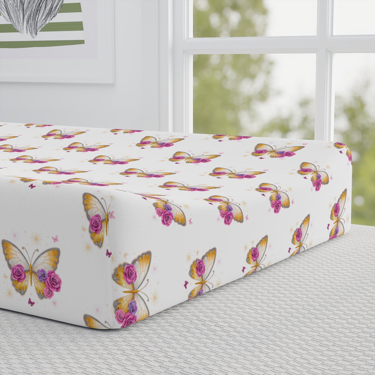 Butterfly Floral Baby Changing Pad Cover — Personalized "Mom" Purple Accent