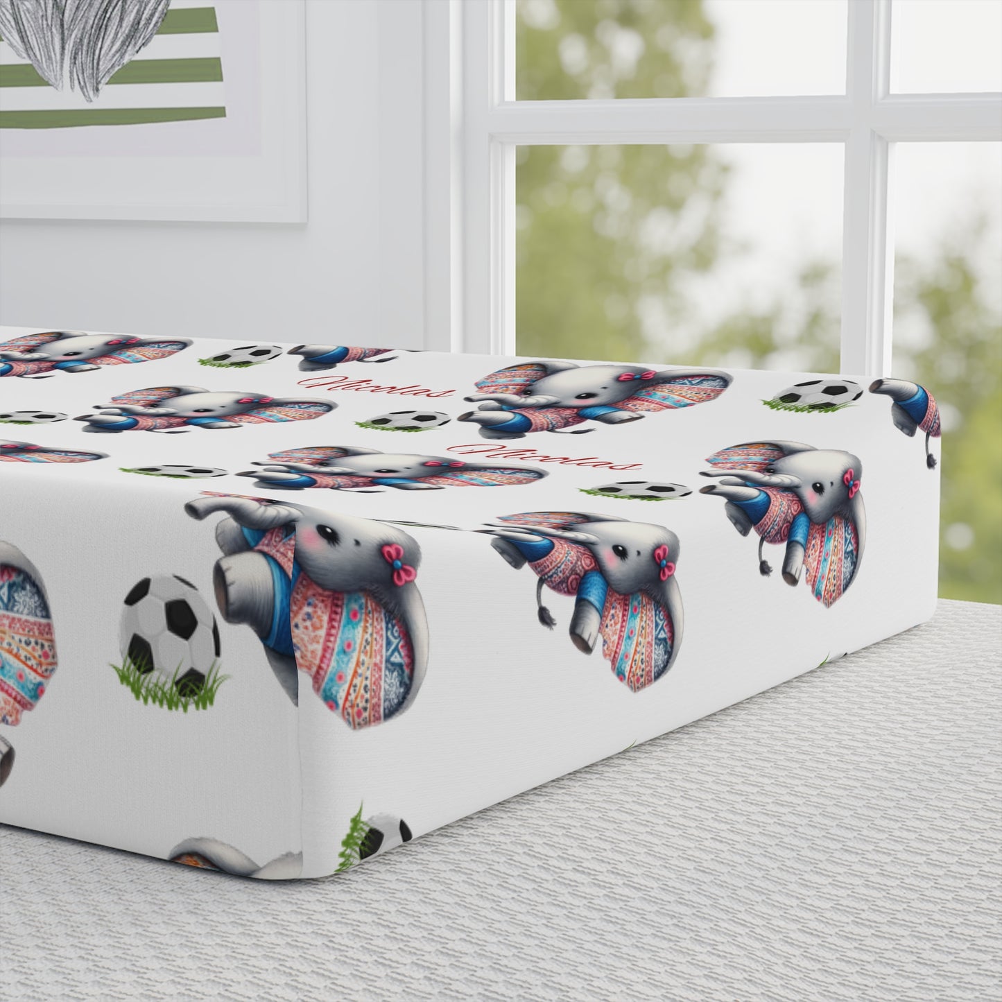 Baby Changing Pad Cover — Cute Elephant & Soccer Pattern (Personalize with Name)