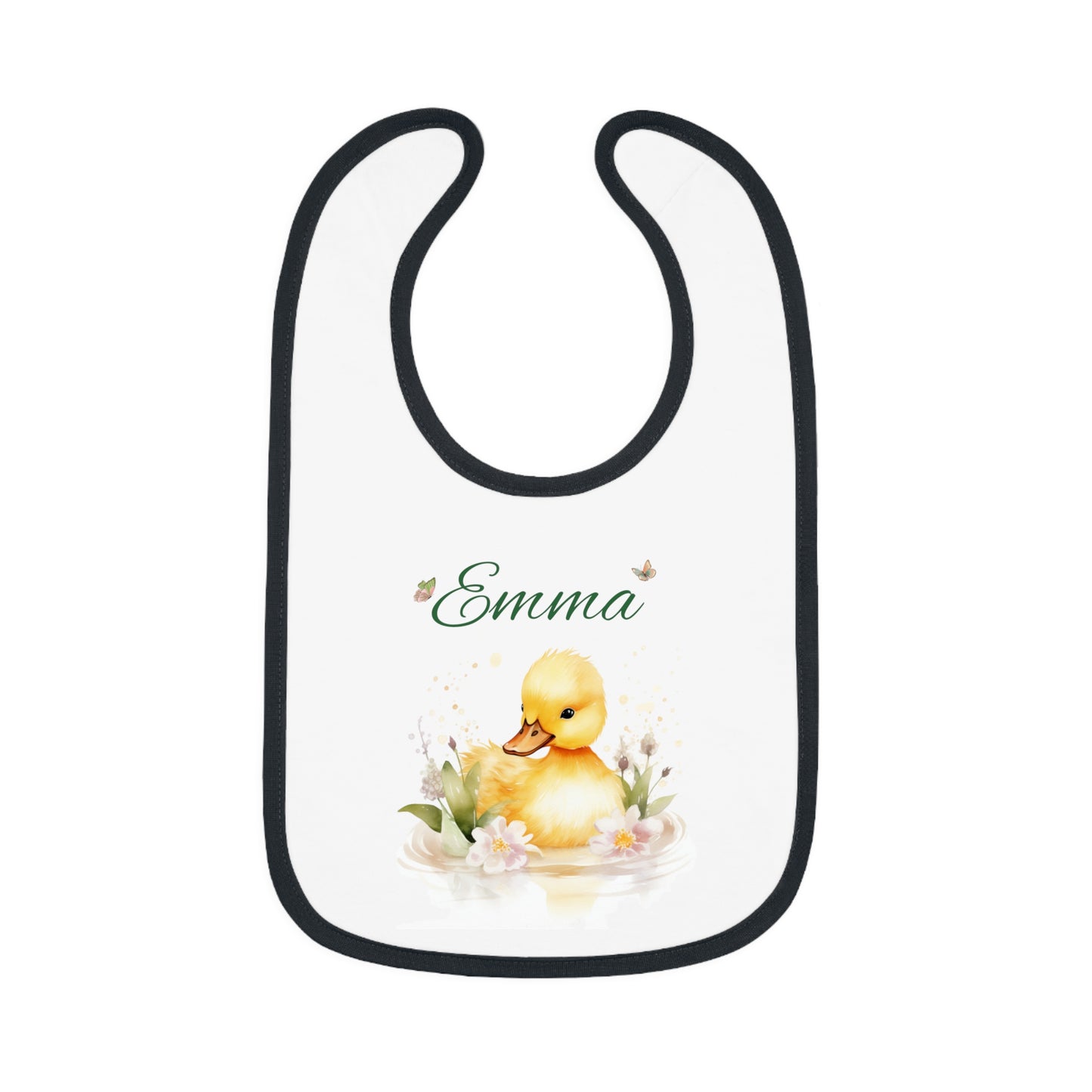 Personalized Duckling Baby Bib — Custom Name Infant Contrast Trim Feeding Bib