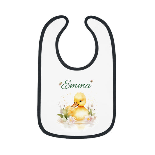 Personalized Duckling Baby Bib — Custom Name Infant Contrast Trim Feeding Bib