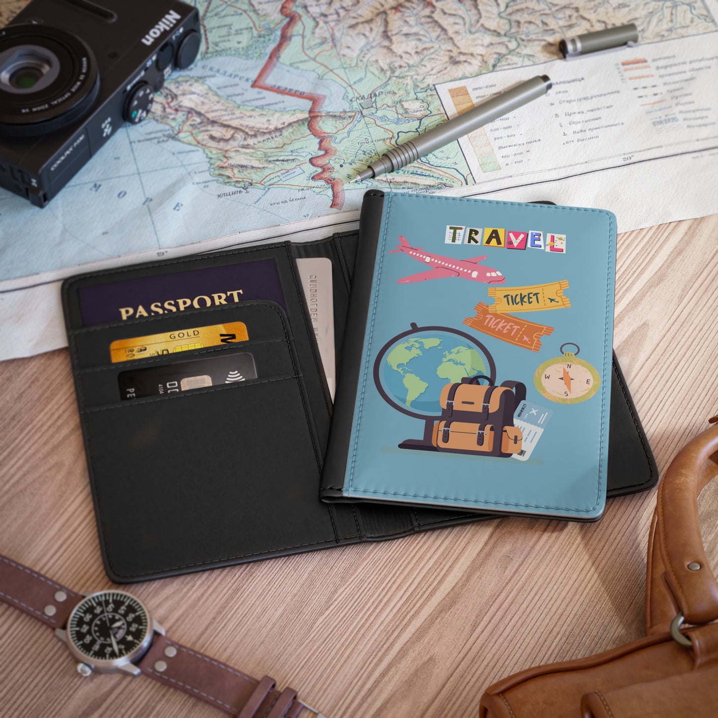 Travel Passport Cover — Cute Globe, Plane & Compass Design (Travel Tickets)