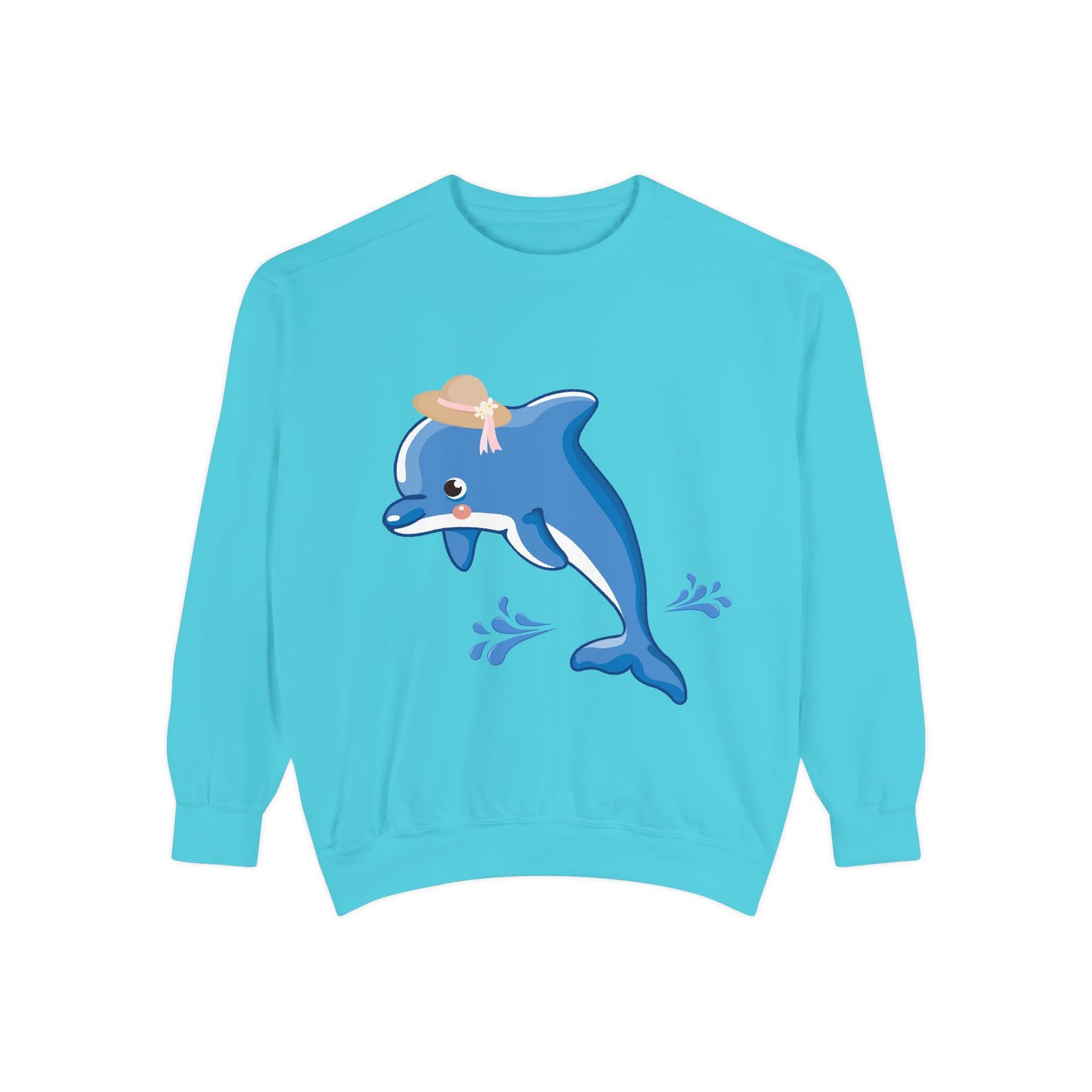 Dolphin wearing a straw hat with stylized water splashes Unisex Garment-Dyed Sweatshirt