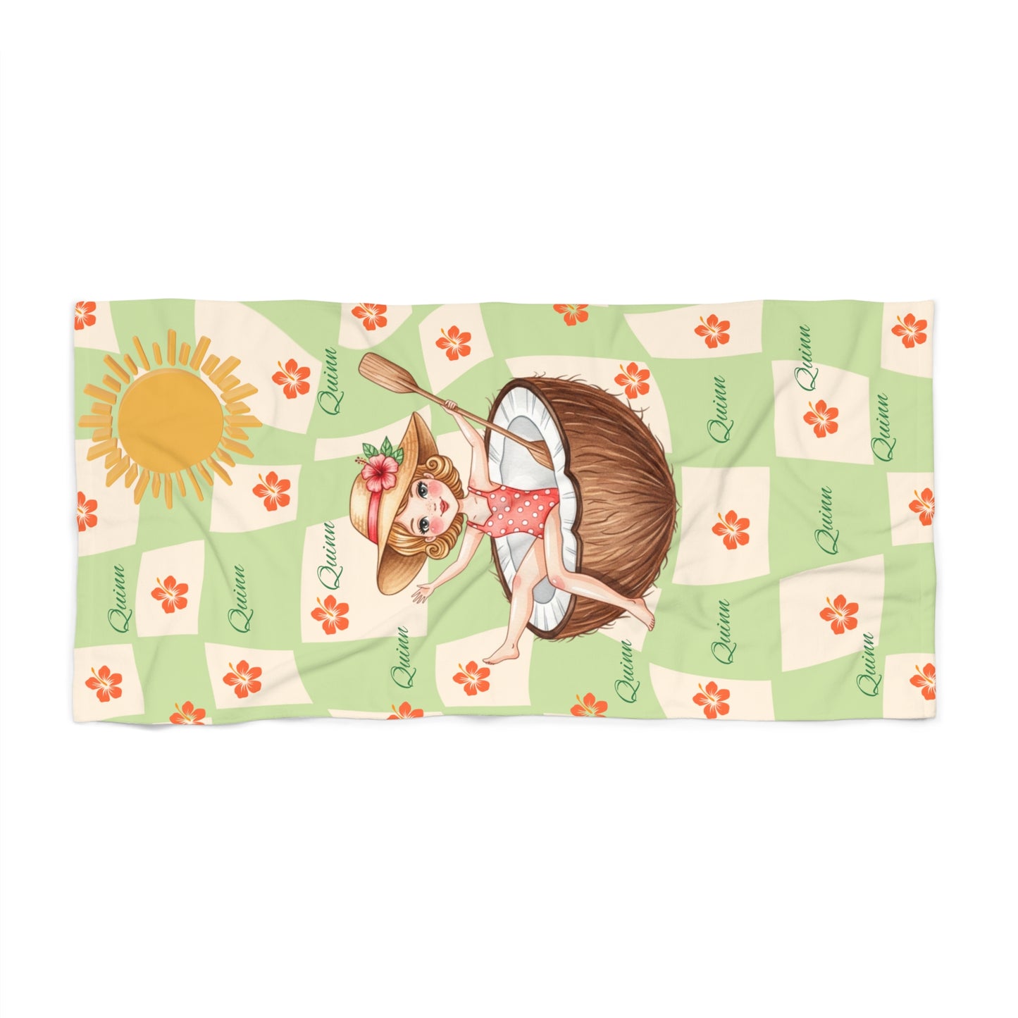 Cute Tropical Girl Beach Towel - 'Queenie' Sun & Coconut Design