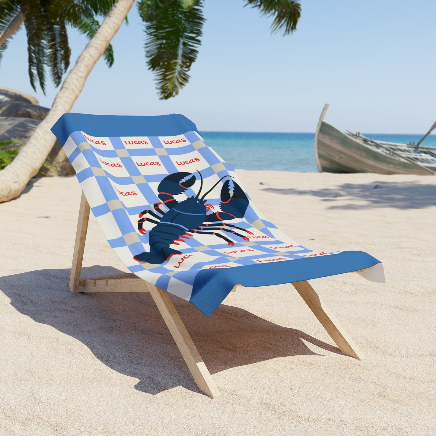 Personalized Lobster Beach Towel – Blue Check Nautical Summer Towel with Name