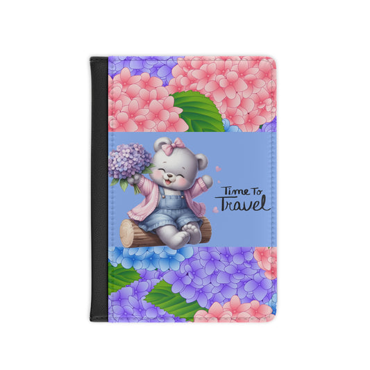 Cute Bear Passport Cover — "Time To Travel" Floral Travel Document Holder