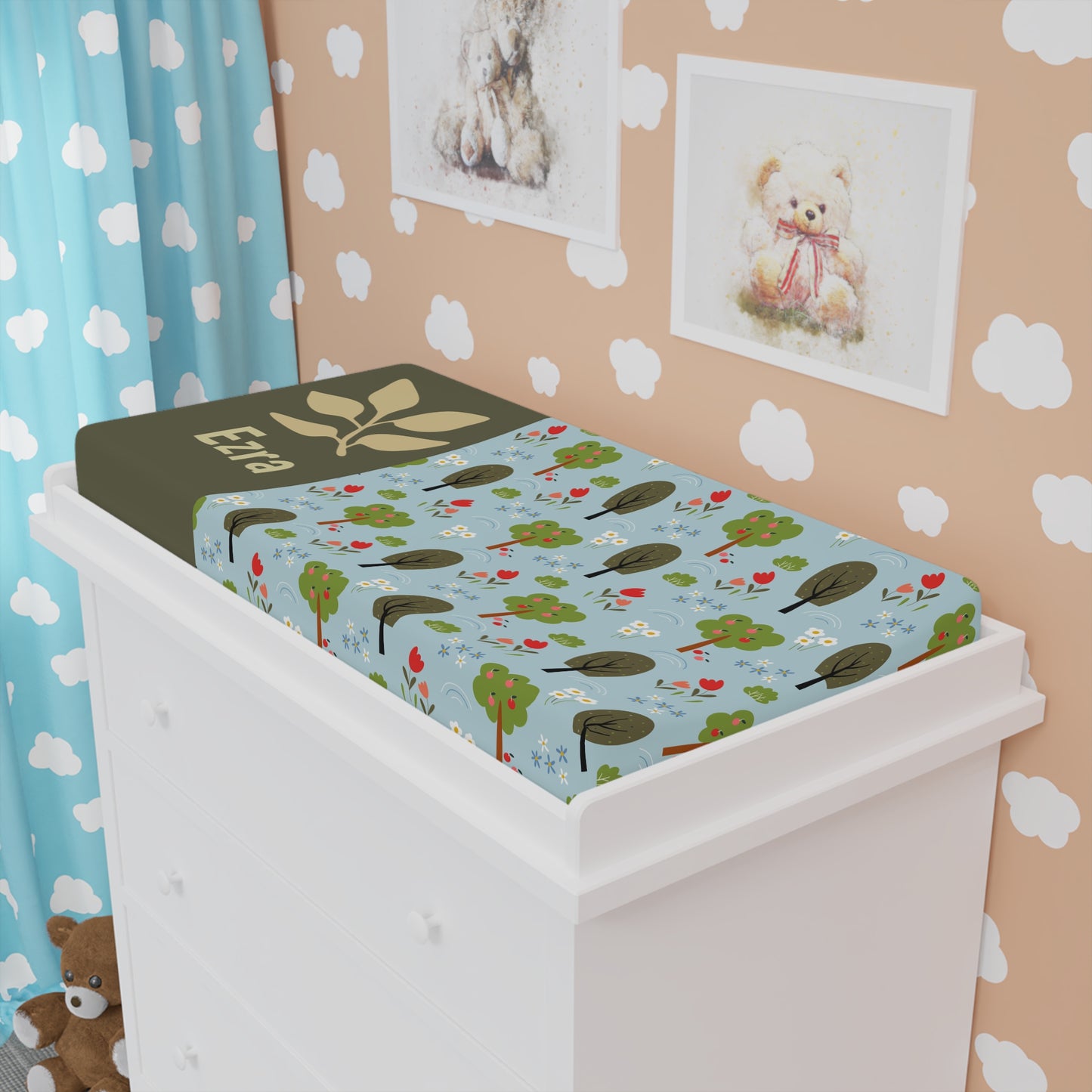 Personalized Woodland Trees Baby Changing Pad Cover – Custom Name, Blue Forest Nursery
