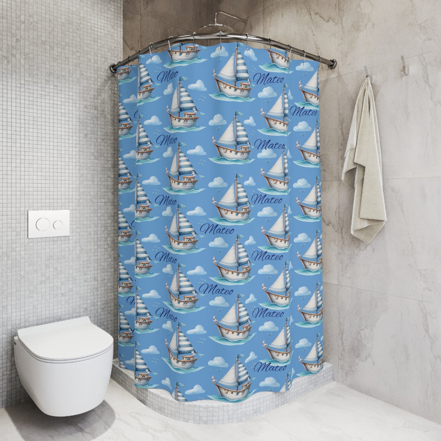 Nautical Sailboat Shower Curtain — Blue Boat Pattern with “Mateo” Name