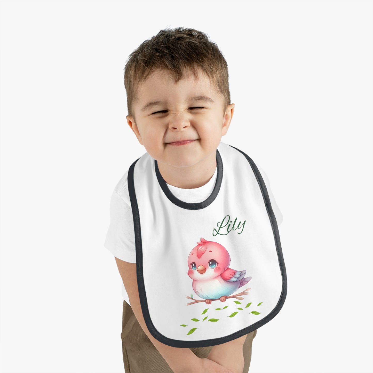 Personalized Baby Bib — Cute Pink Bird with Name (Lily) | Contrast Trim Jersey Bib