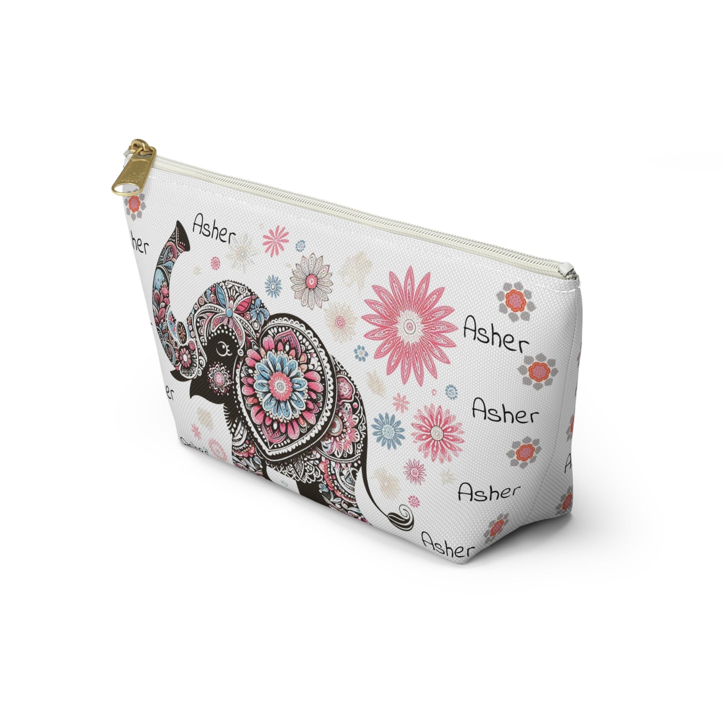 Personalized Elephant Accessory Pouch — Floral T-Bottom Makeup Bag