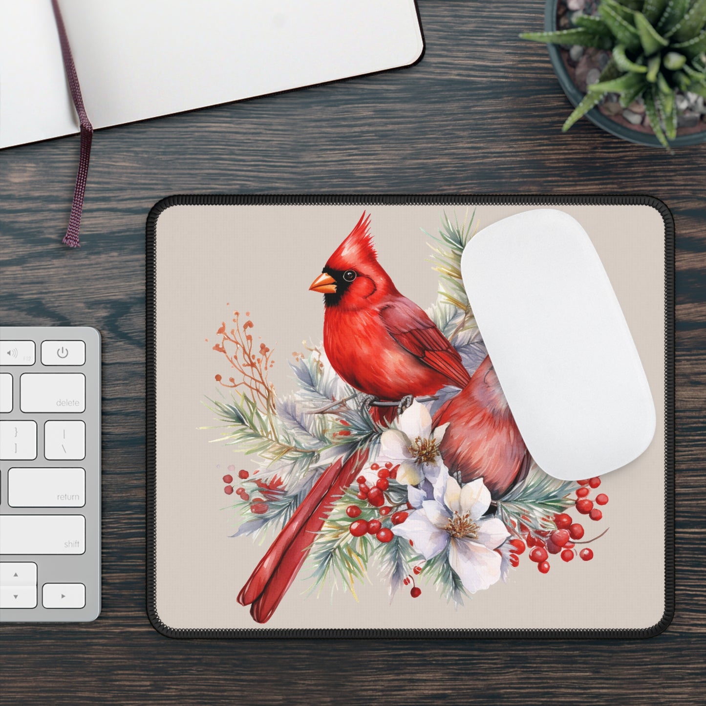 Cardinal Floral Gaming Mouse Pad — Winter Bird Desk Mat