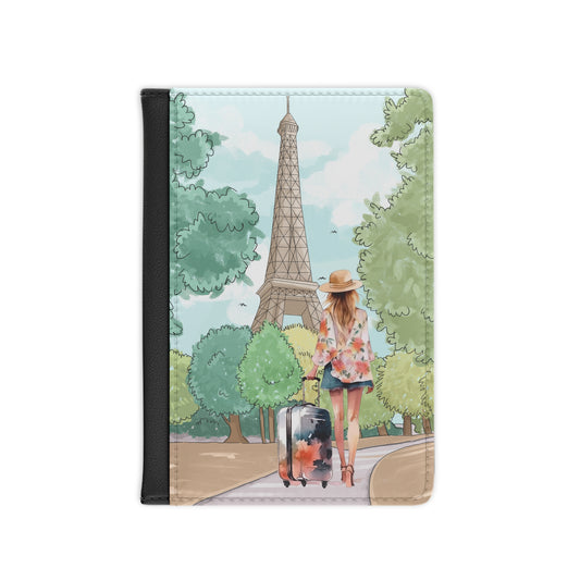 Paris Travel Passport Cover — Woman with Luggage by Eiffel Tower