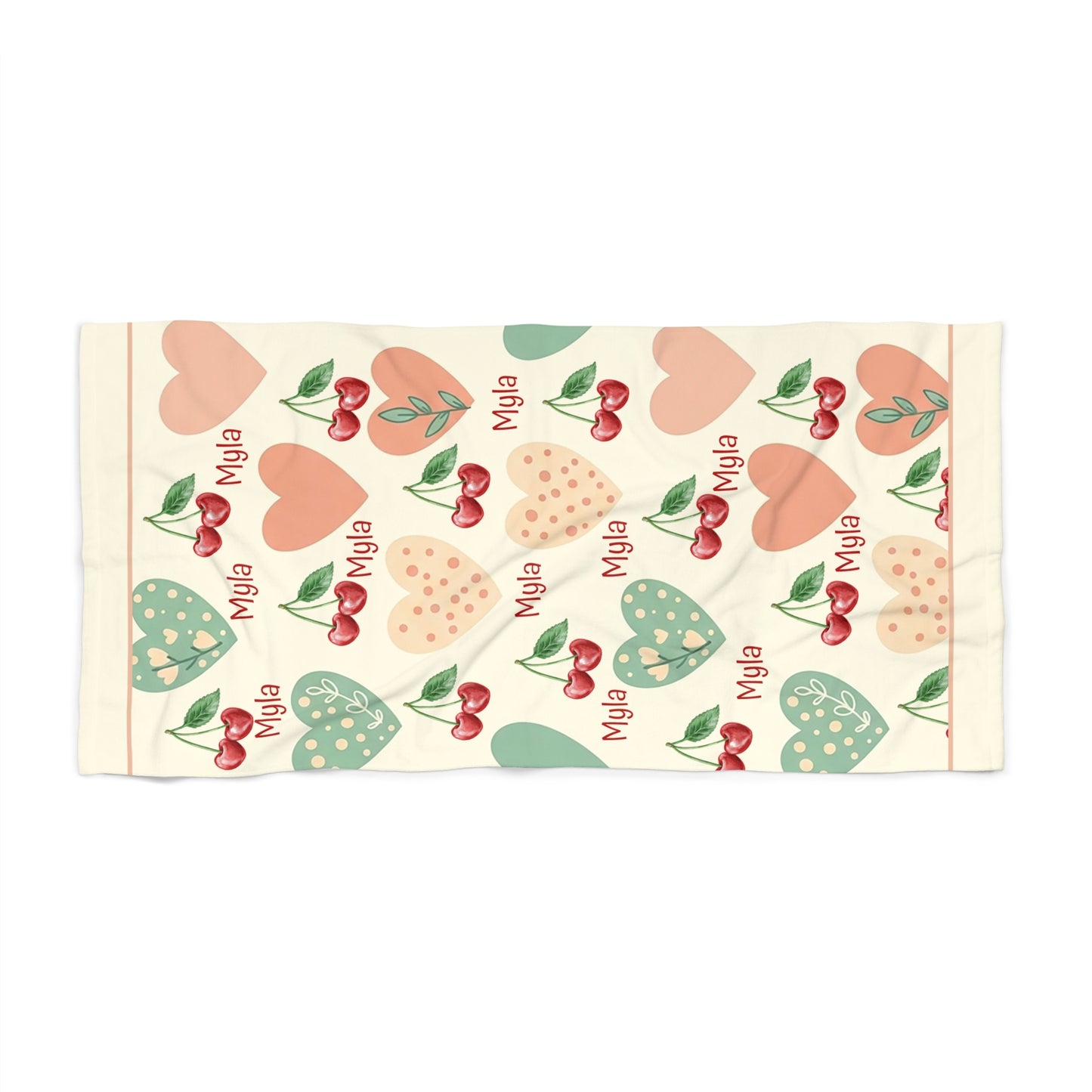 Personalized Cherry Heart Beach Towel — Custom Name "Myla" Pattern
