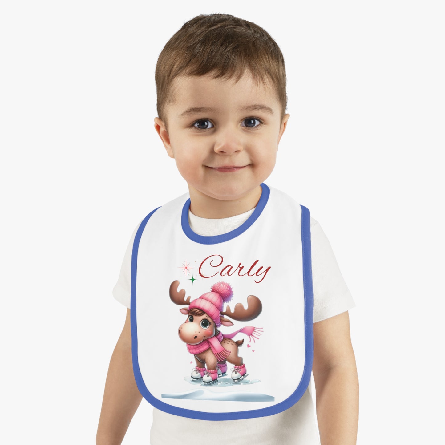 Personalized Baby Bib — Cute Ice Skating Moose with Name (Custom Carly)