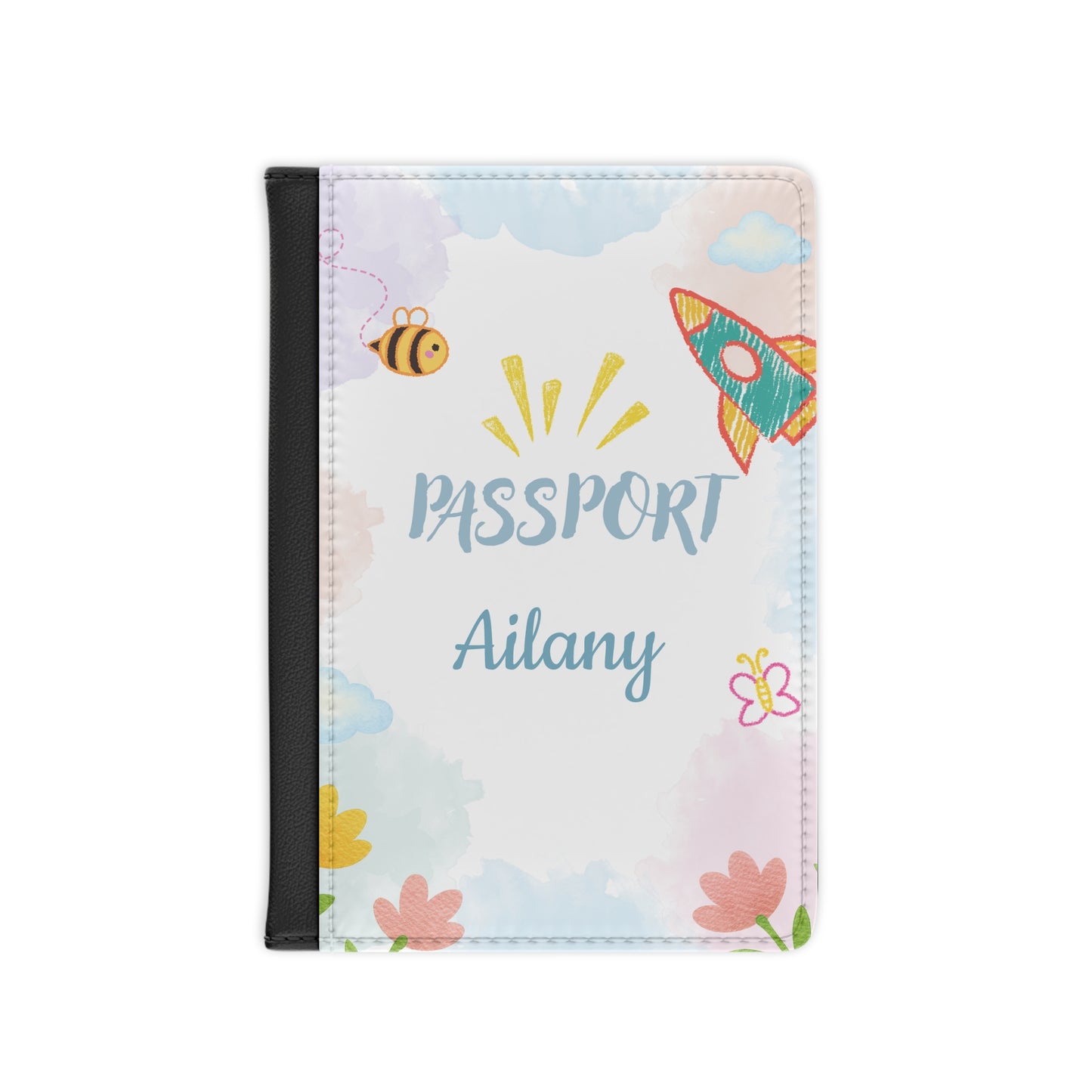 Personalized Kids Passport Cover — Cute Rocket & Bee Travel Wallet