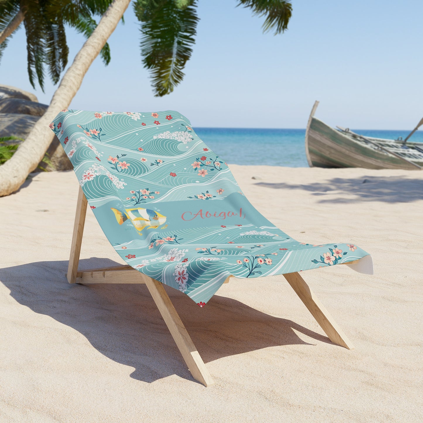 Personalized Aqua Waves Beach Towel — Floral Surf & Gold Fish Monogram