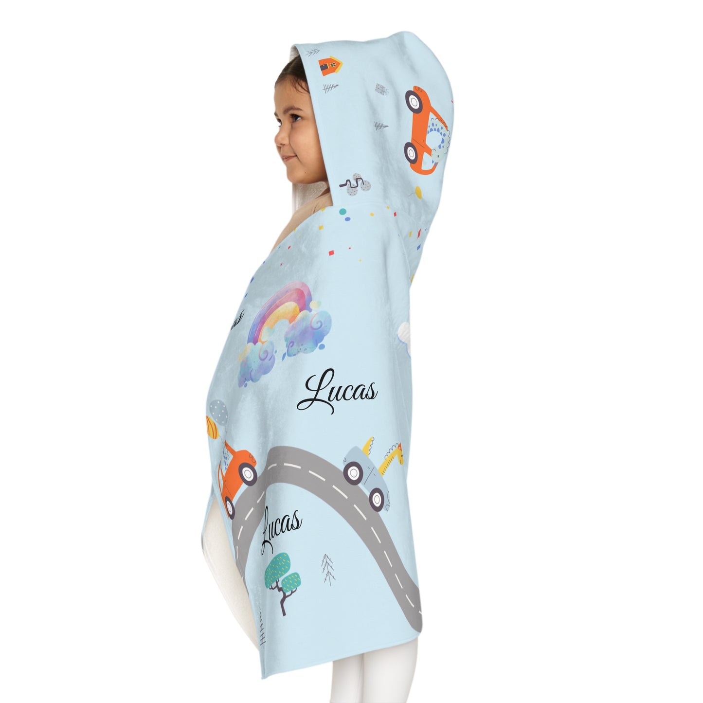 Personalized Kids Hooded Towel - Road Trip Cars Design (Custom Name)