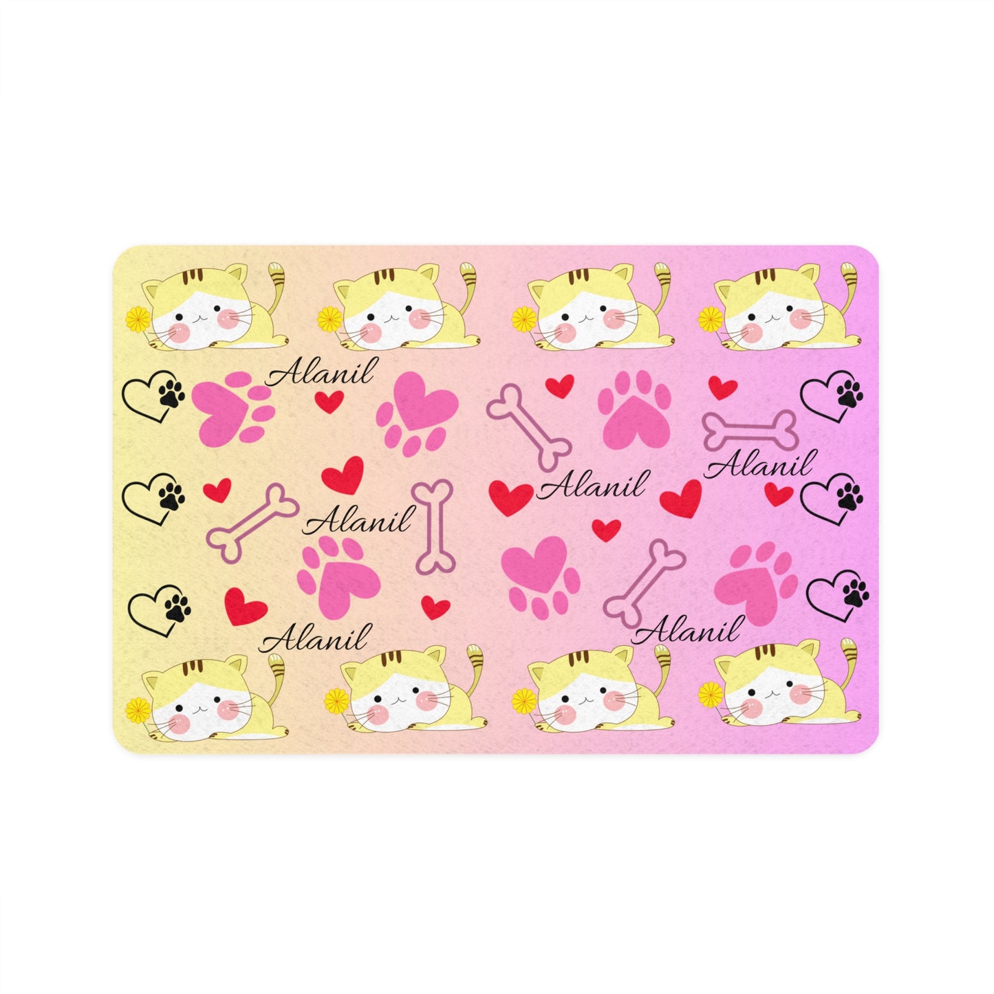 Personalized Cute Cat & Paws Pet Food Mat (12x18)