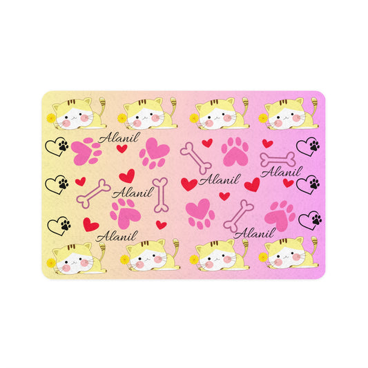 Personalized Cute Cat & Paws Pet Food Mat (12x18)