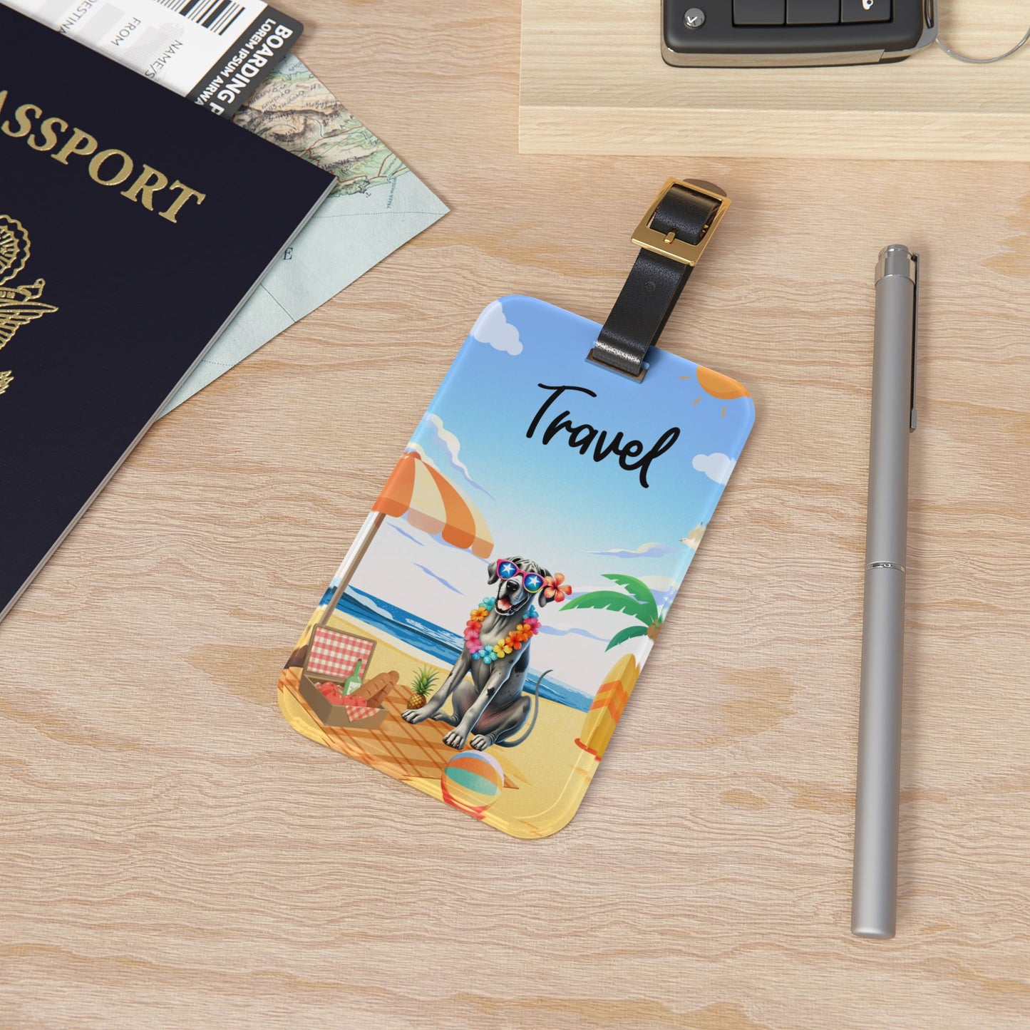 Travel Luggage Tag — Beach Dog Design with 'Travel' Text, Tropical Vacation Identifier