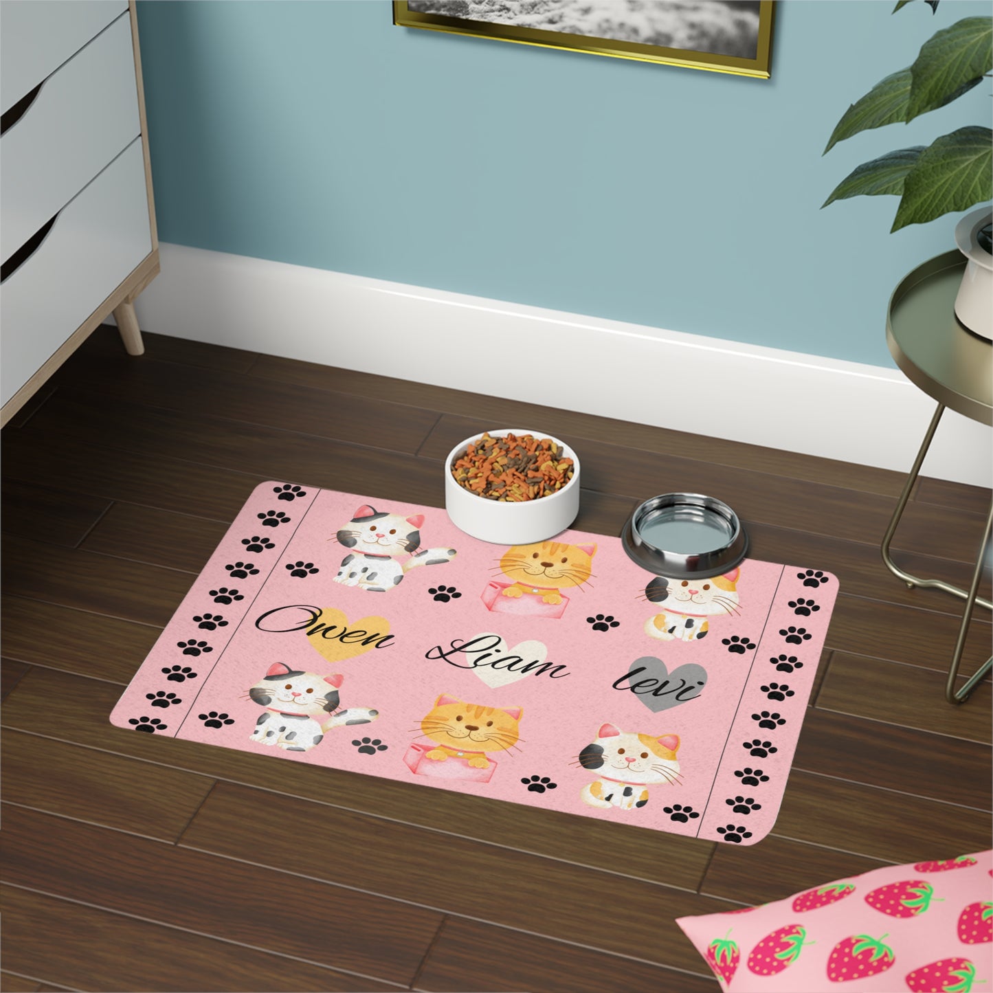 Personalized Pink Cat Paw Pet Food Mat — Custom Name Cat Placemat (12x18)
