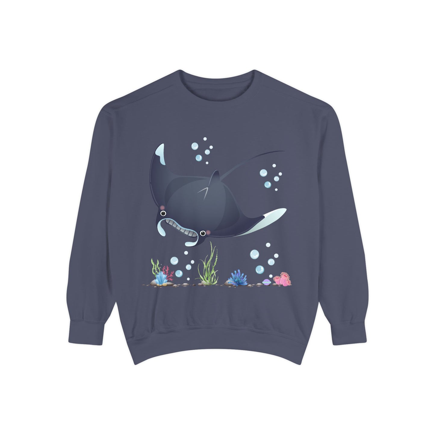 Manta ray with bubbles and coral reef Unisex Garment-Dyed Sweatshirt
