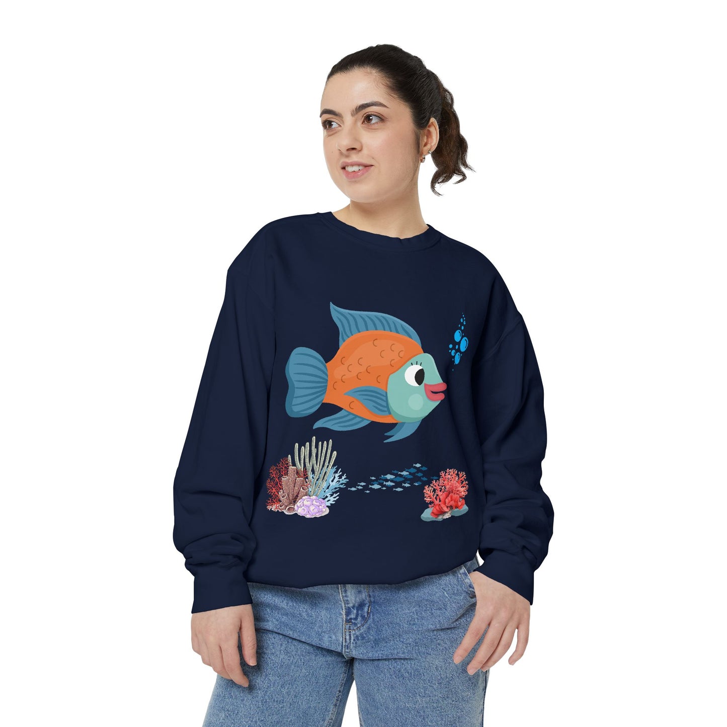 Orange and blue fish with coral and bubble Unisex Garment-Dyed Sweatshirt