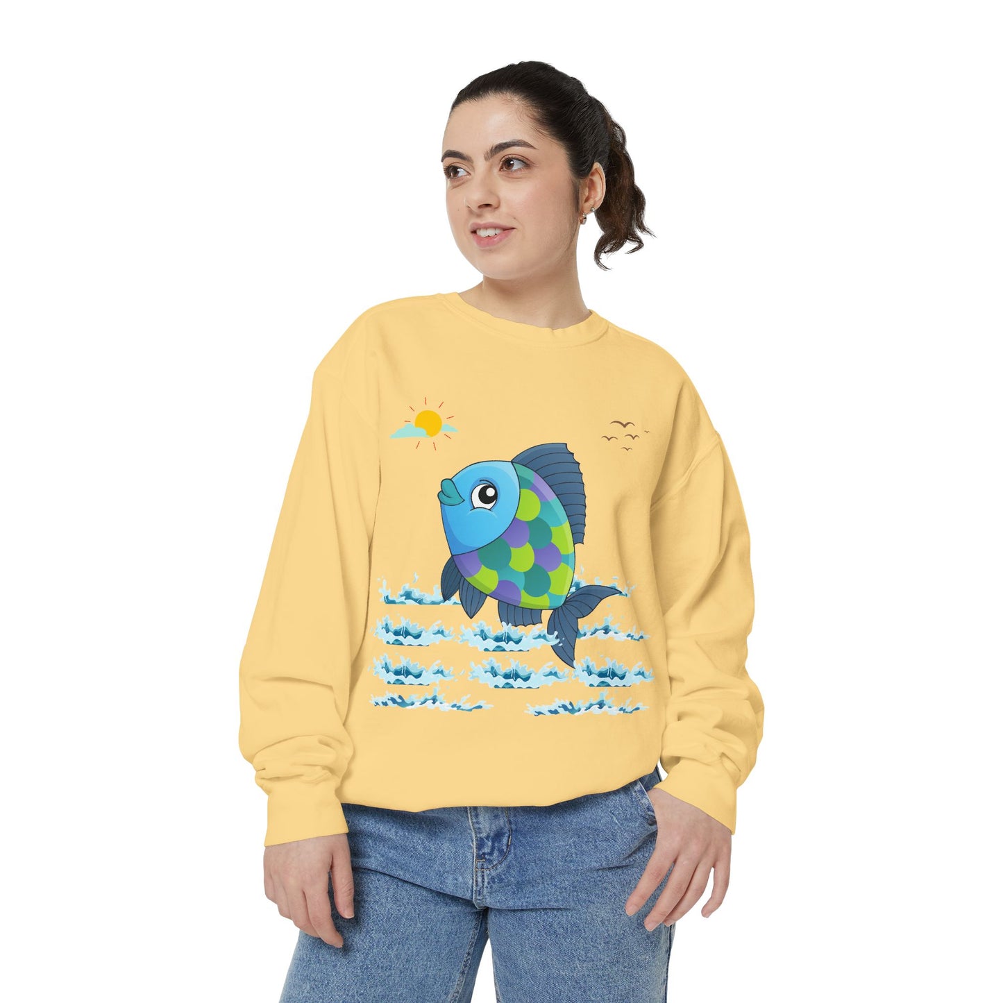 Fish with a sun and birds in the sky above water Unisex Garment-Dyed Sweatshirt