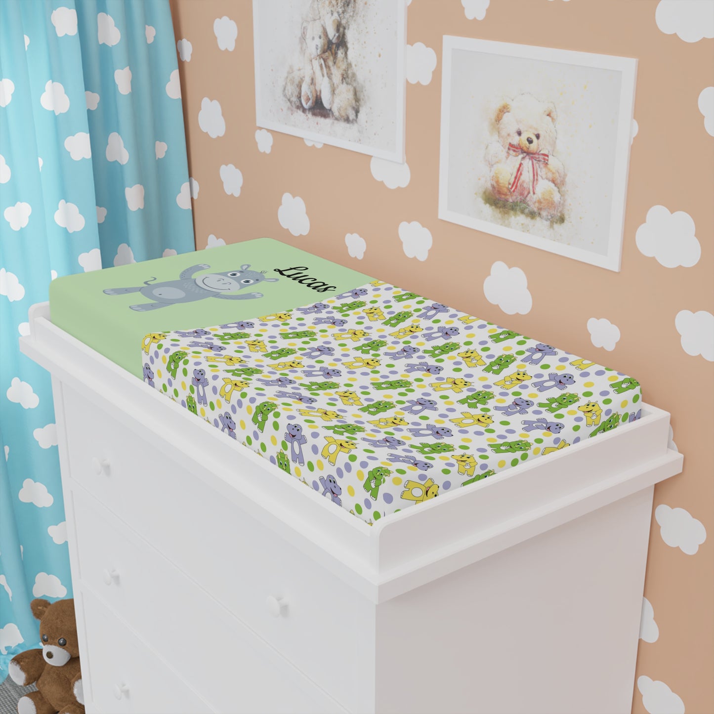 Personalized Floral Baby Changing Pad Cover — Green Hippo Design (Custom Name)