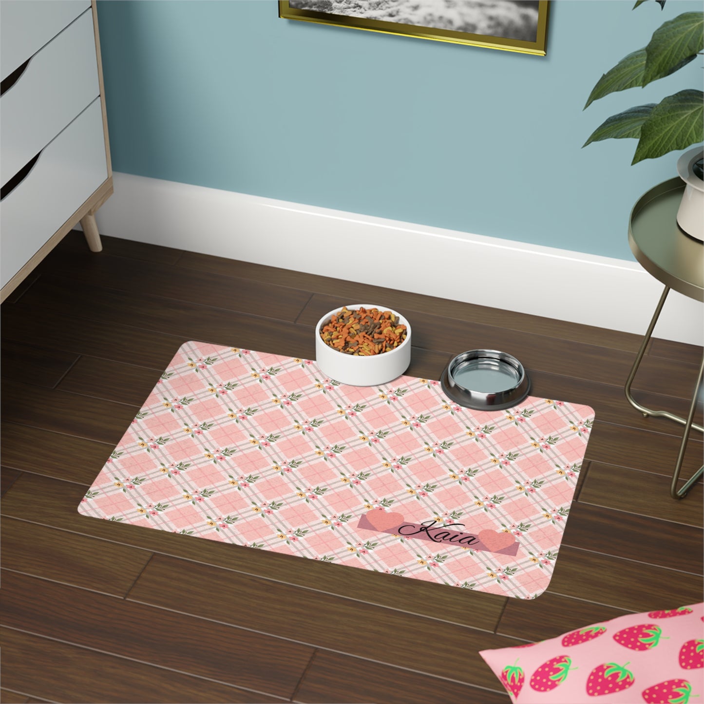 Personalized Pink Plaid Pet Food Mat (12x18) — Custom Name Heart