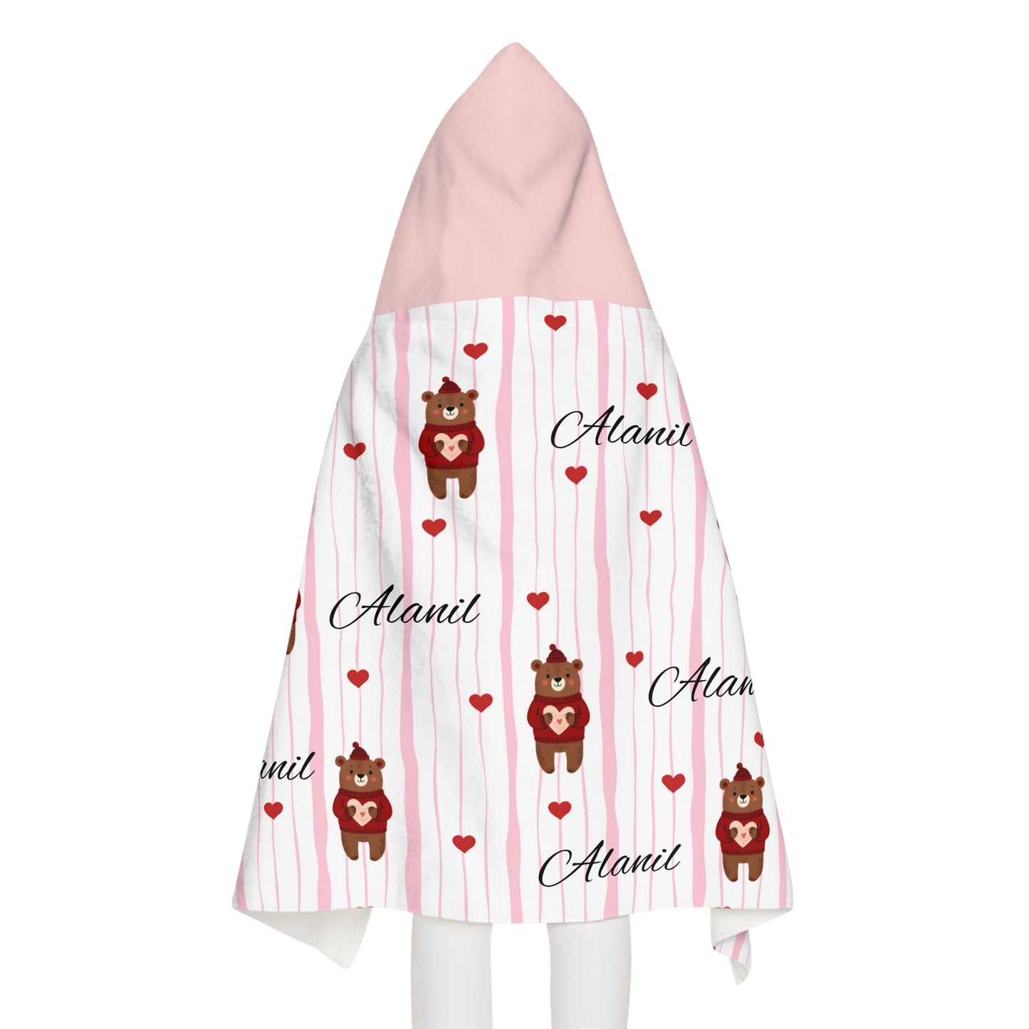 Personalized Kids Hooded Towel — Cute Bear & Hearts Design (Custom Name)