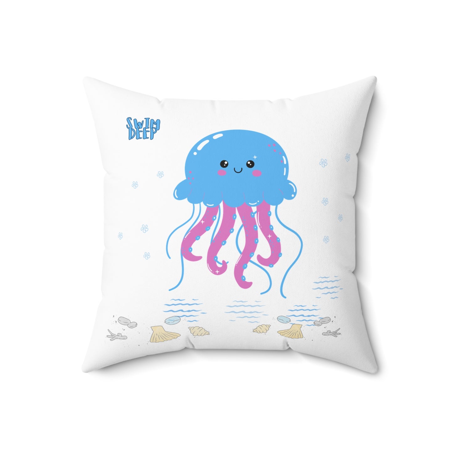 Blue jellyfish with pink tentacles Spun Polyester Square Pillow
