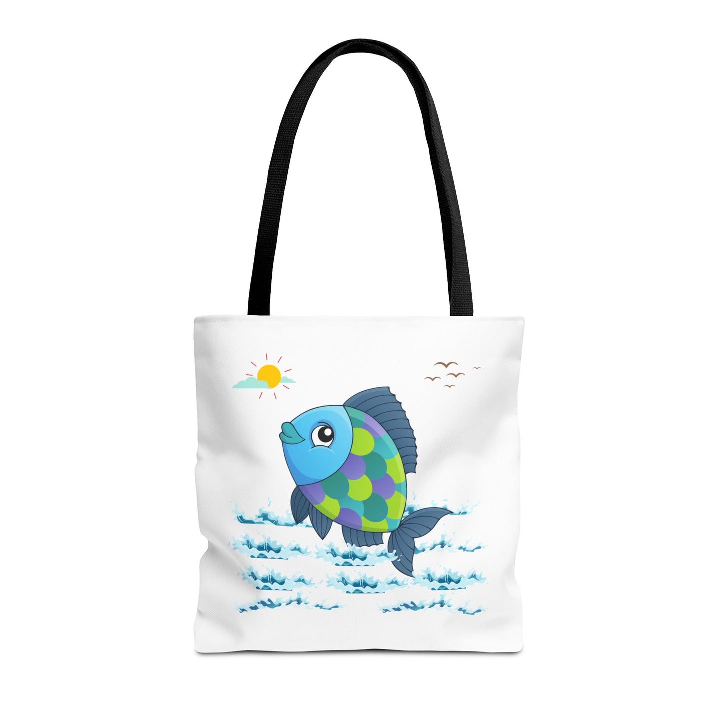 Fish with a sun and birds in the sky above water Tote Bag